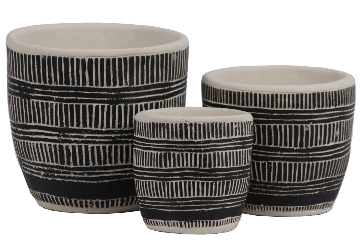 Benzara Irregular Stoneware Pot with Embossed Lattice Lines Design, Set of 3, Black