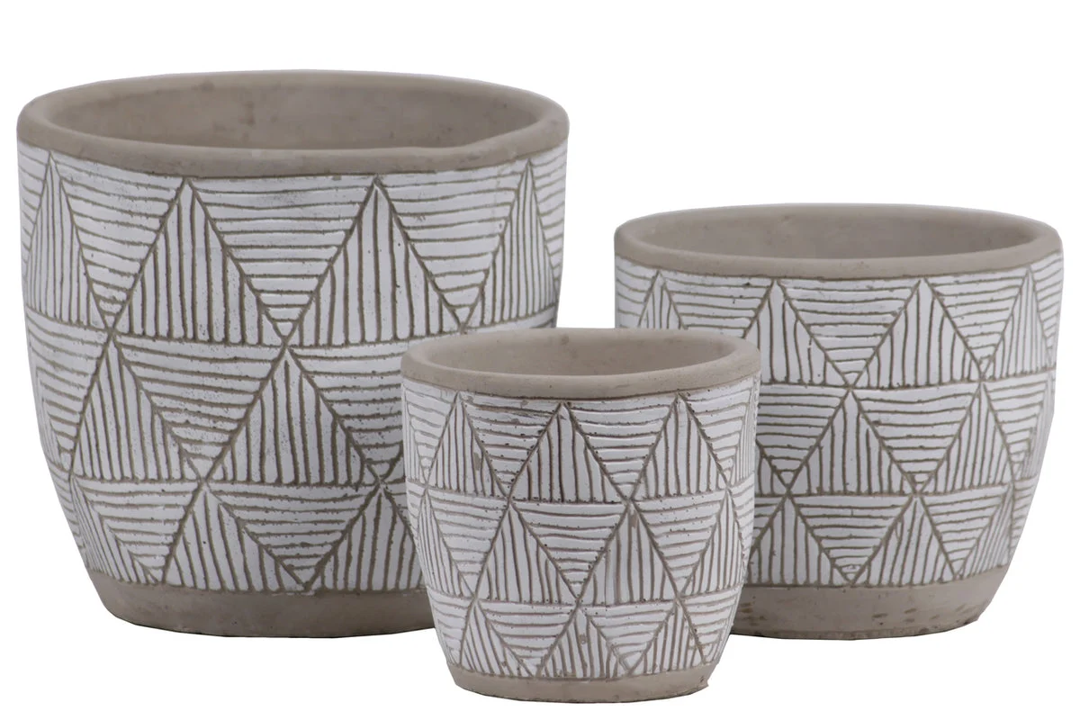 Benzara Irregular Stoneware Pot with Embossed Lattice Triangle Design, Set of 3, Gray