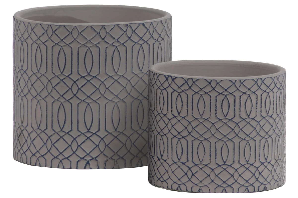 Benzara Stoneware Cylindrical Embossed Lattice Concentric Design Pot, Set of 2, Gray
