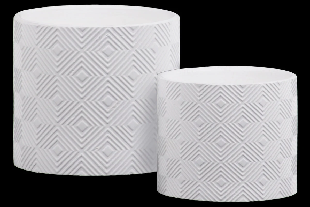 Benzara Stoneware Embossed Lattice Concentric Diamond Design Pot, Set of 2, White