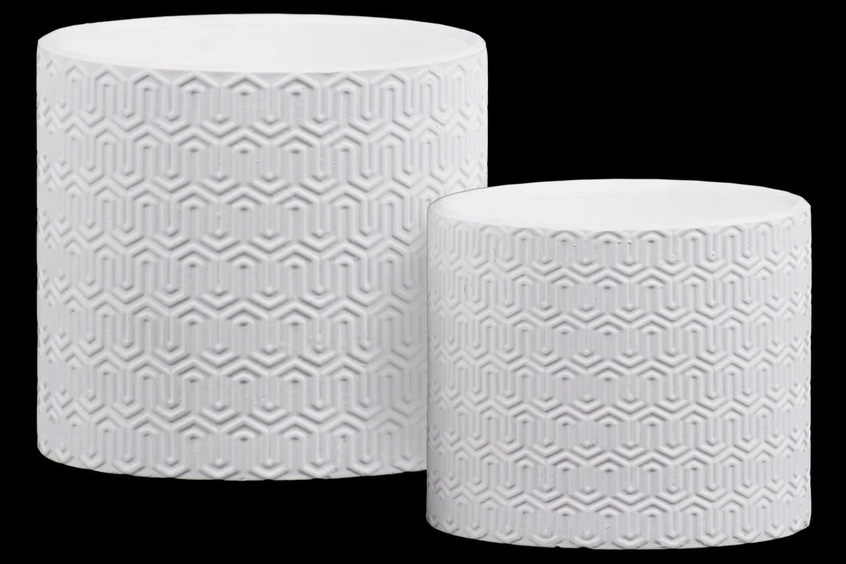 Benzara Stoneware Cylindrical Embossed Lattice Wave Design Pot, Set of 2, White