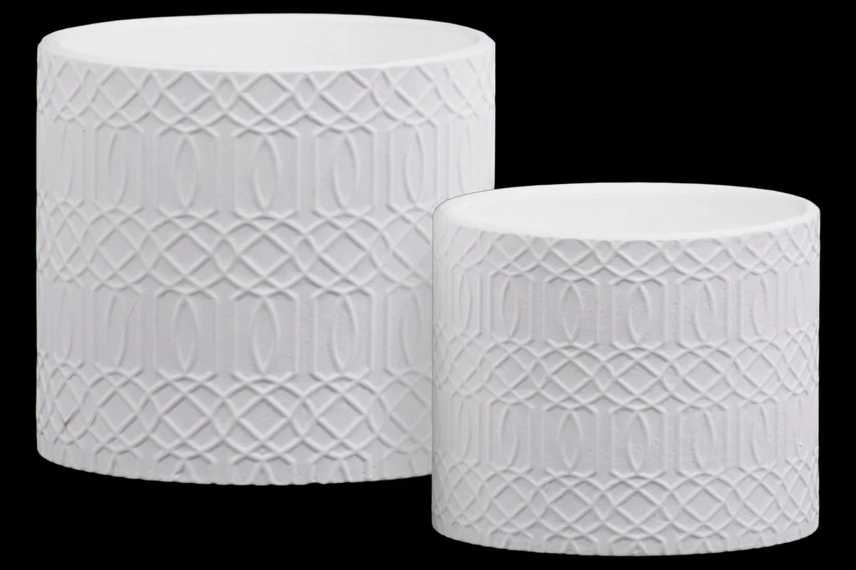 Benzara Stoneware Cylindrical Embossed Lattice Concentric Design Pot, Set of 2, White
