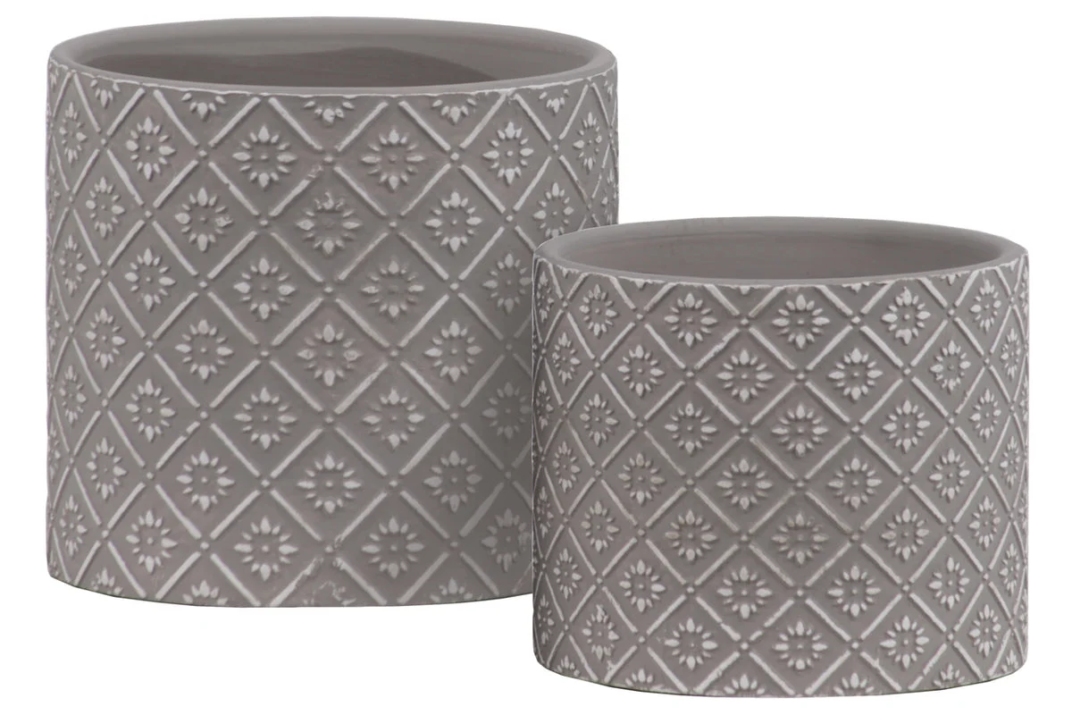 Benzara Stoneware Cylindrical Embossed Lattice Floral Design Pot, Set of 2, Gray