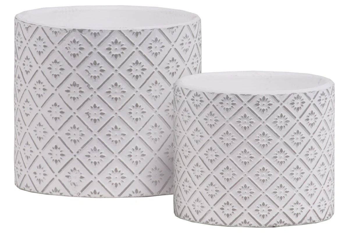 Benzara Stoneware Cylindrical Embossed Lattice Floral Design Pot, Set of 2, White