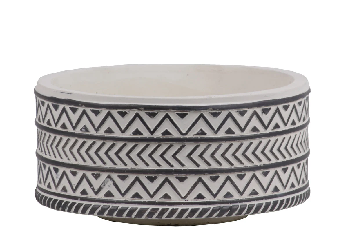Benzara Stoneware Wide Round Pot with Black Embossed Lattice Chevron Design, Small, White