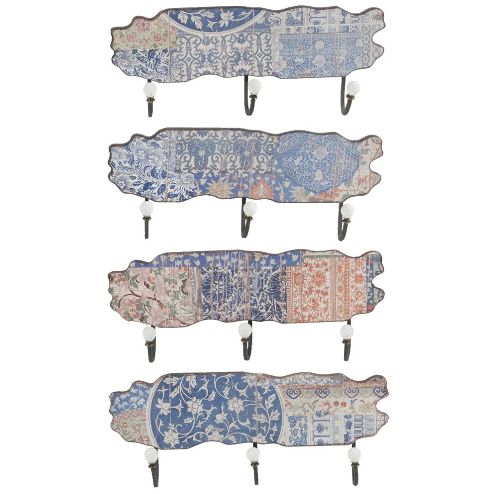 Benzara MDF and Metal Wall Decor with 3 Hooks, Multicolor, Set of 4