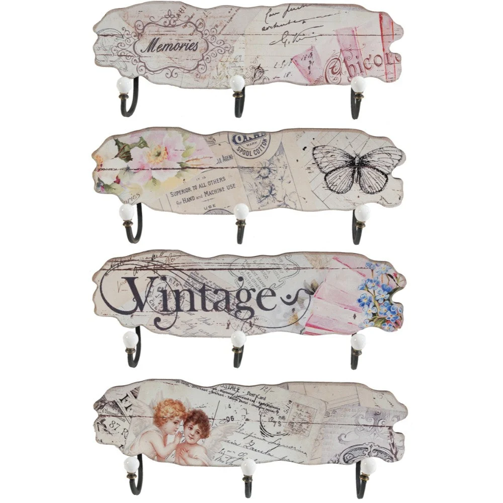 Benzara Vintage MDF and Metal Wall Decor with 3 Hooks, Multicolor, Set of 4