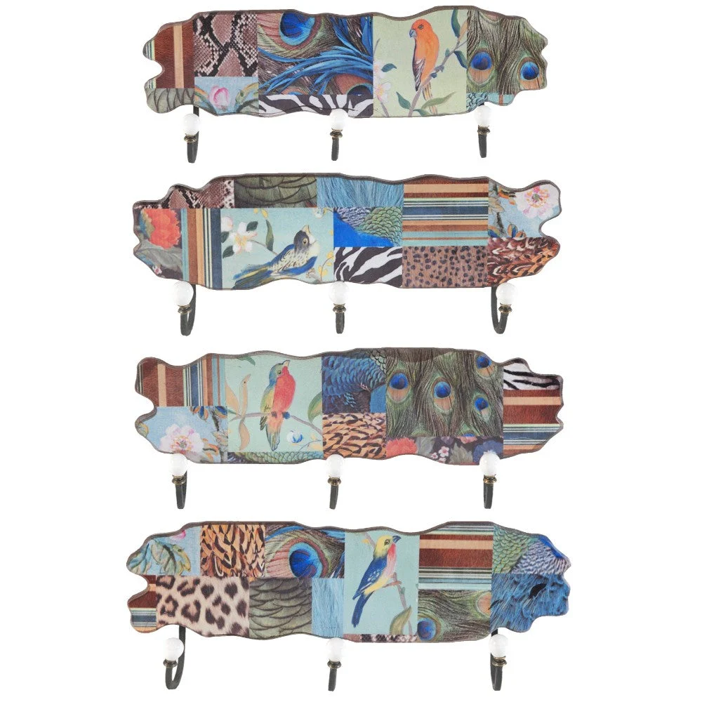 Benzara Aesthetic MDF and Metal Wall Decor with 3 Hooks, Multicolor, Set of 4