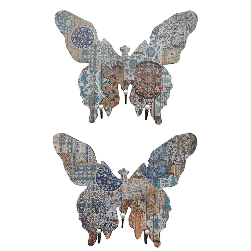 Benzara Butterfly Shape MDF and Metal Wall Decor with 3 Hooks, Multicolor, Set of 2