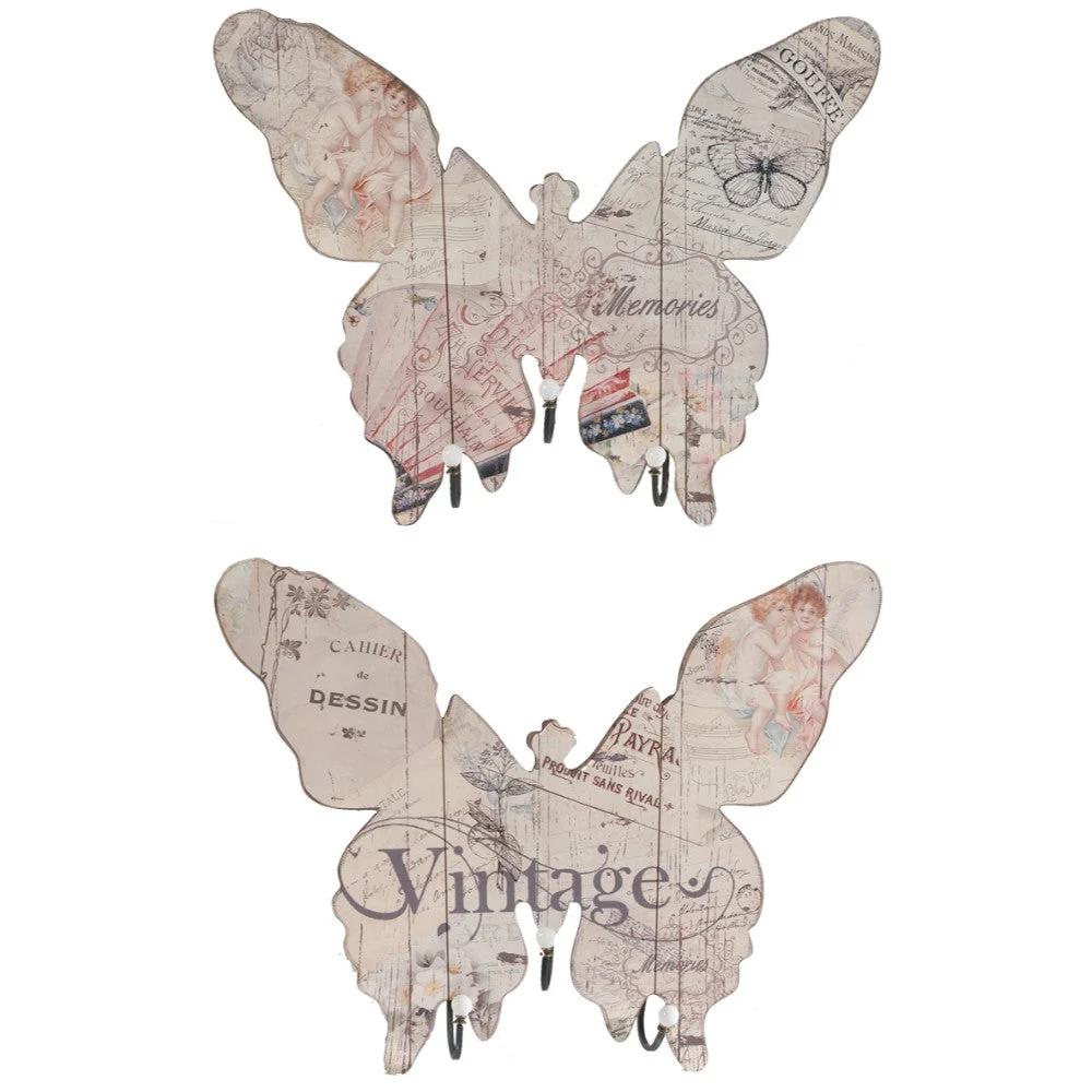 Benzara Butterfly Shape MDF Wall Decor with 3 Metal Hooks, Multicolor, Set of 2