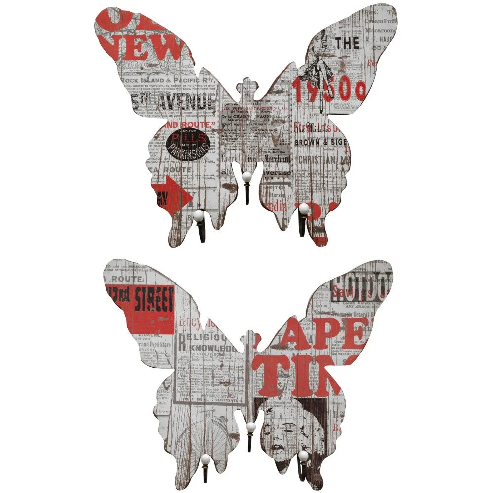 Benzara Newspaper Patterned MDF and Metal Wall Decor with 3 Hooks, Multicolor, Set of 2