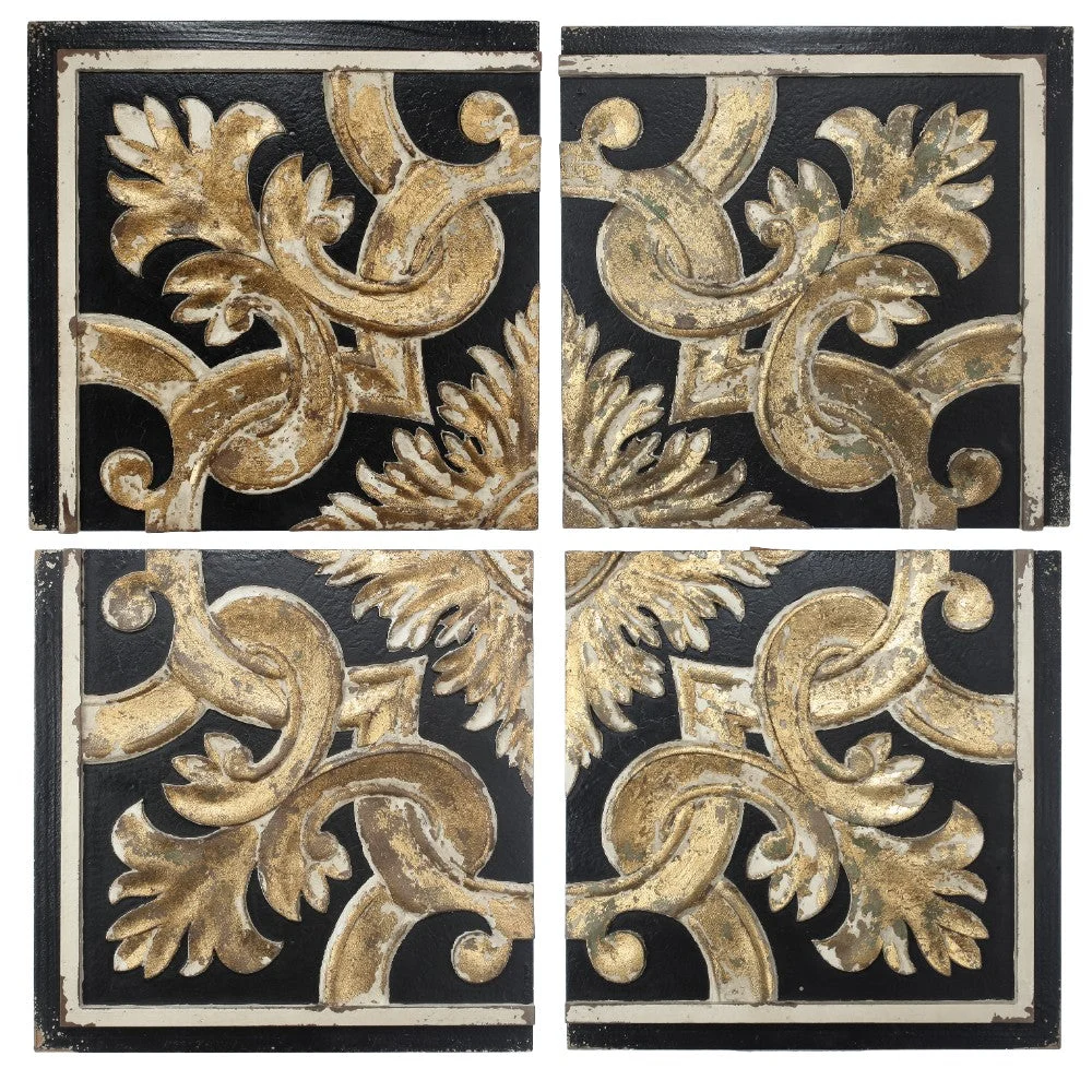 Benzara Distressed Fresco Panels with Traditional Motif in Wood, Black & Gold, Set of 4