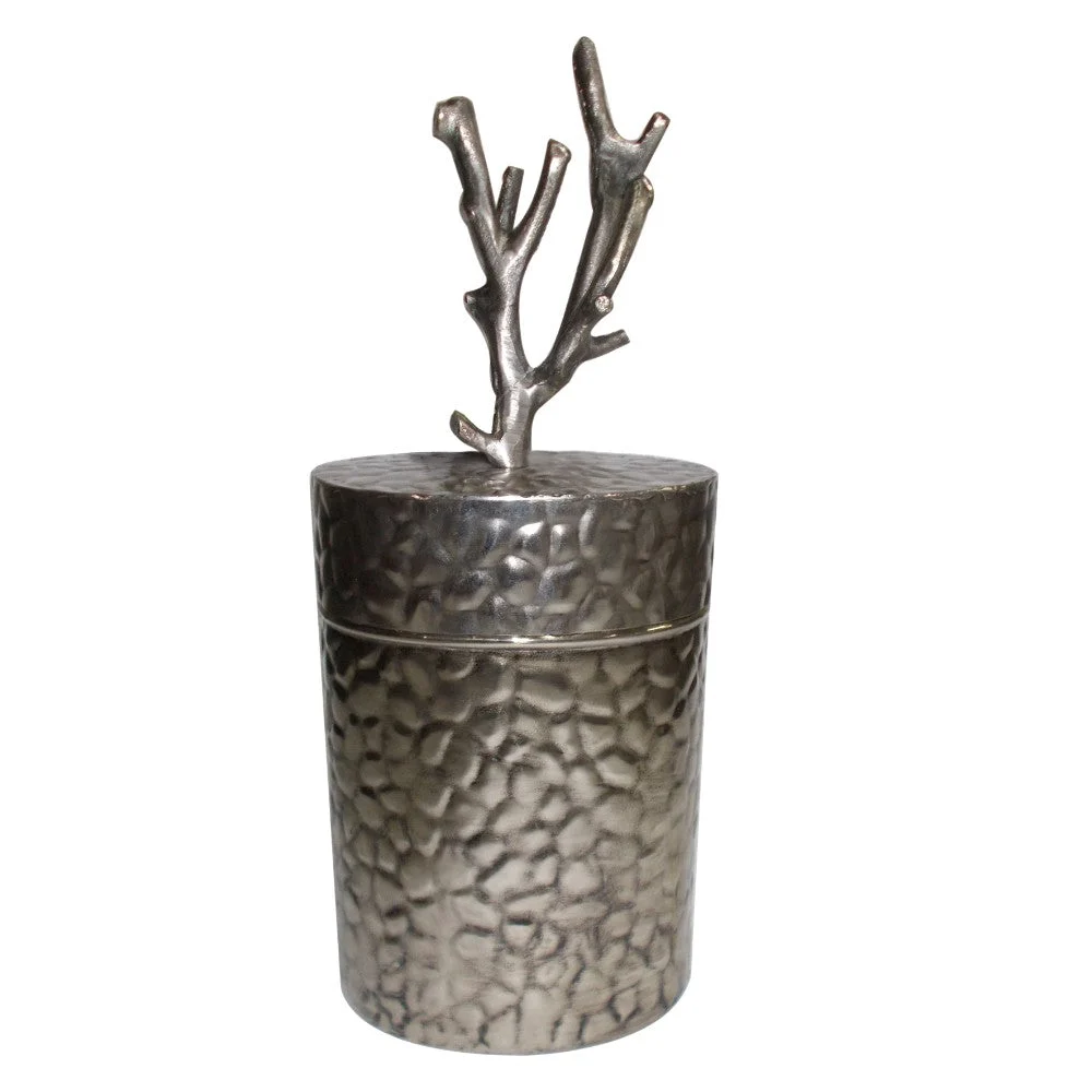 Benzara Metal Lidded Jar with Patterned Body , Silver