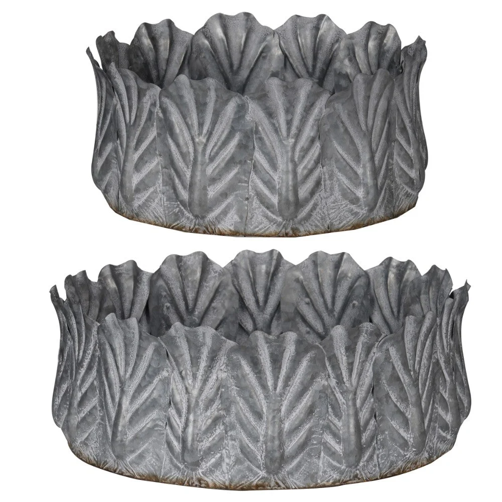 Benzara Galvanized Metal Bowls with Embossed Design, Gray, Set of 2