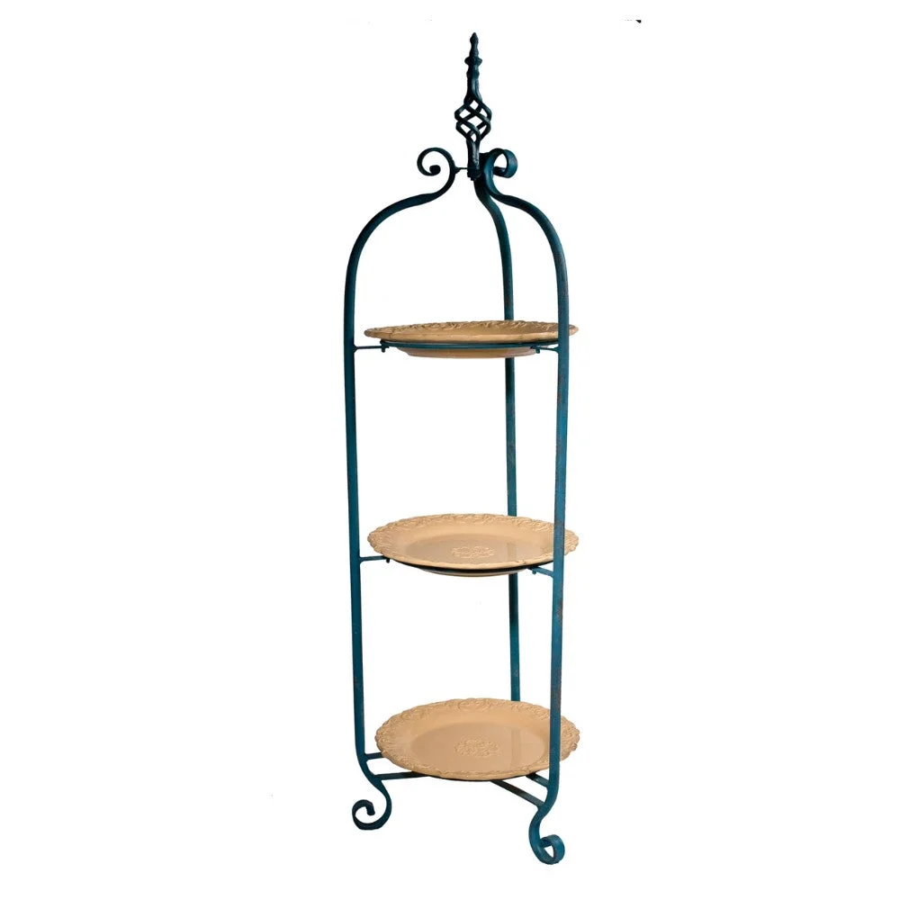 Benzara Metal 3 Tiered Stand with Porcelain Tray, Blue & Yellow