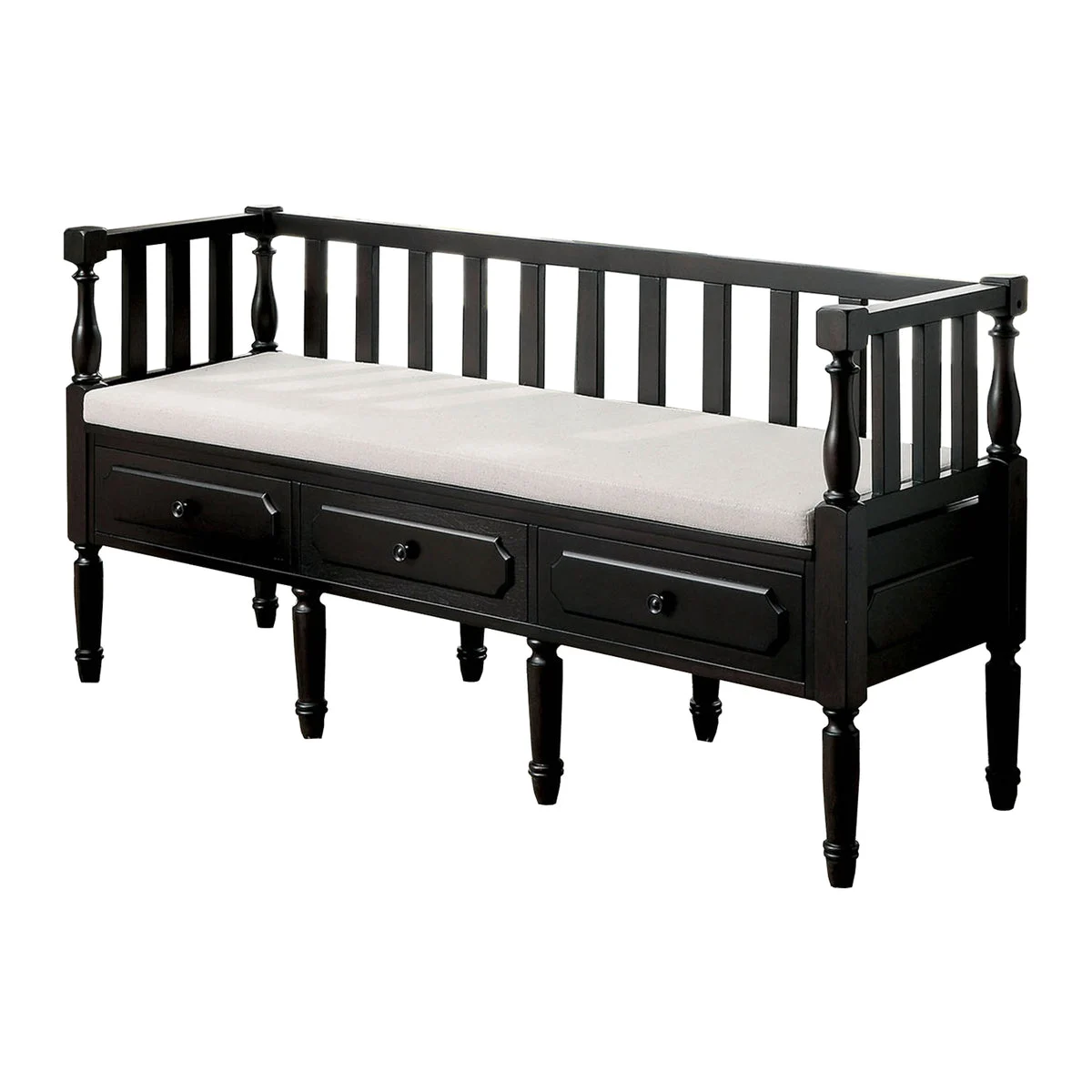 Benzara 3 Drawer Transitional Wooden Bench with Slated Back, Dark Walnut Brown