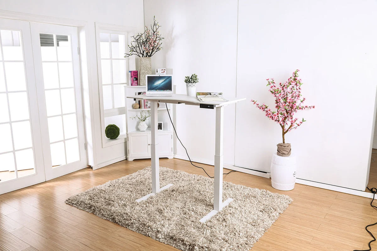 Benzara Minimalist Metallic Desk with Height Adjustable Function, Small, White