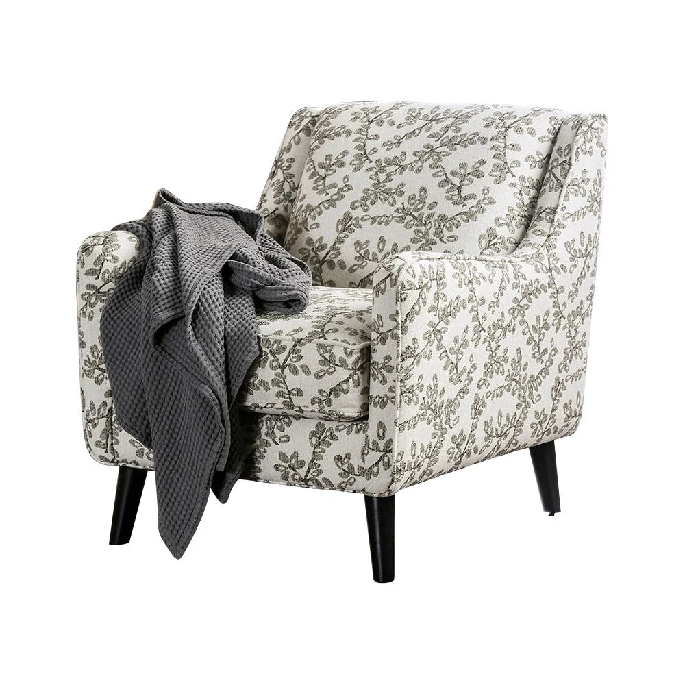 Benzara Contemporary Style Wooden Sofa Chair with Leafy Patterned Fabric, White & Gray