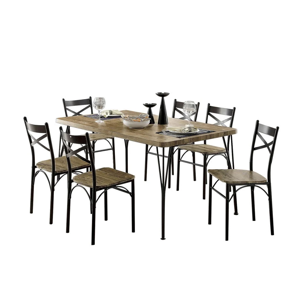 Benzara 7 Piece Wooden Dining Table Set In Gray and Weathered Brown