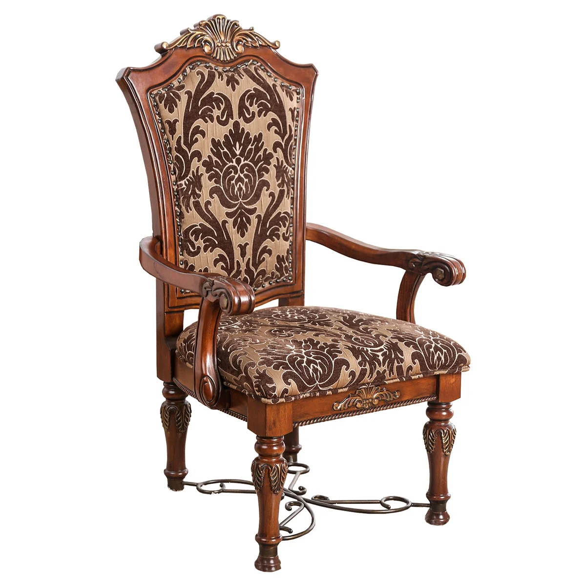 Benzara Floral Print Fabric Upholstered Arm Chair In Wood, Cherry Brown, Set Of 2