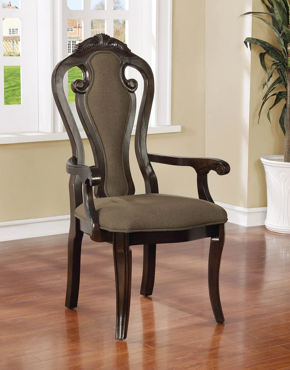 Benzara Wooden Fiddle Design Back Armchair with Saber Legs, Set of 2, Brown