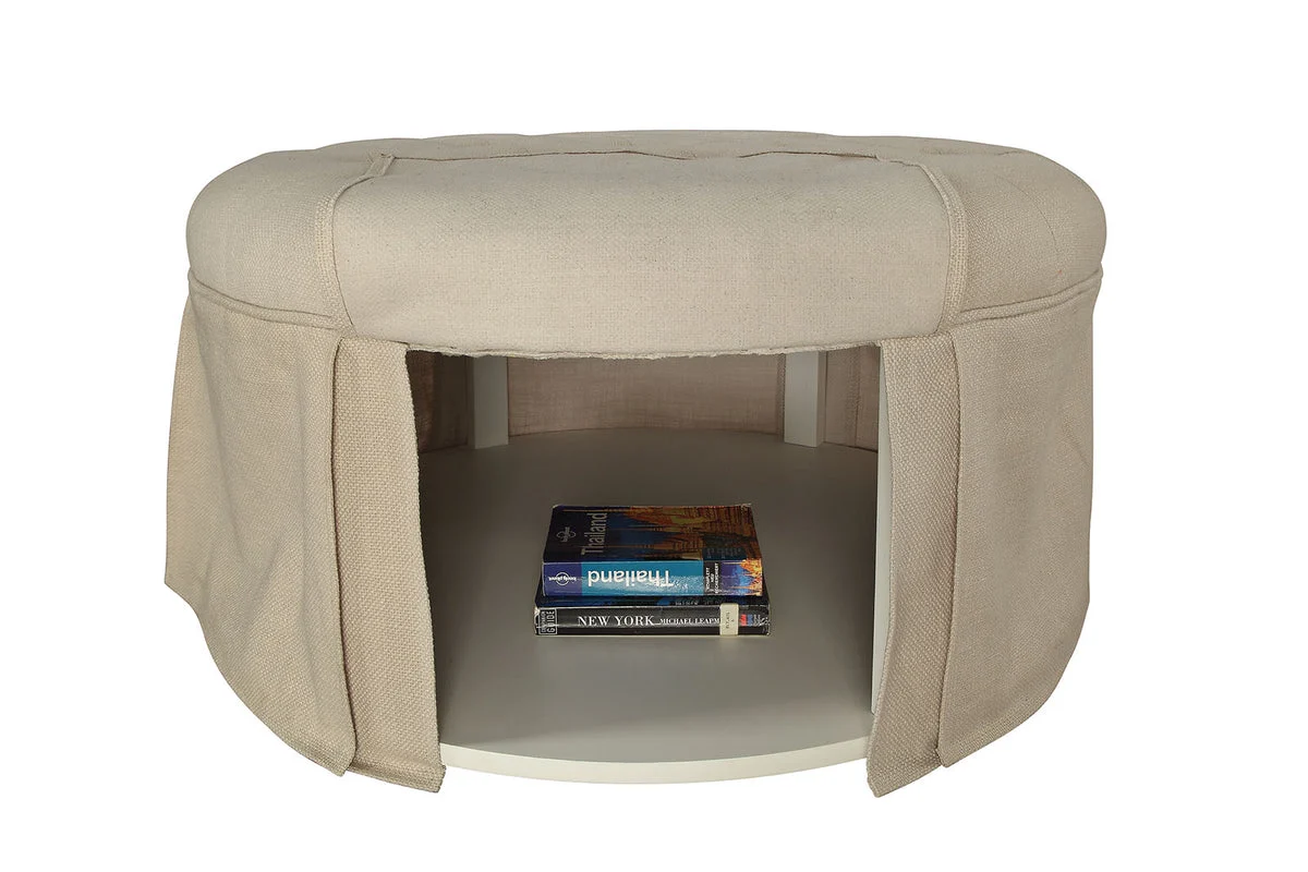 Benzara Button Tufted Fabric Upholstered Ottoman With Open Bottom Shelf, Beige