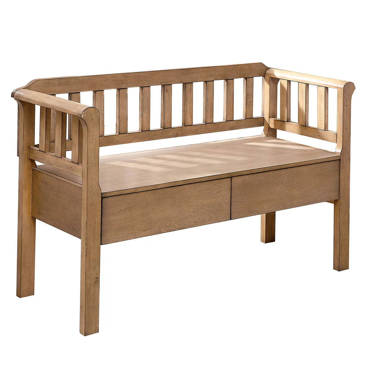 Benzara Slatted Pattern Wooden Bench With 2 Under Seat Drawers In Natural Brown