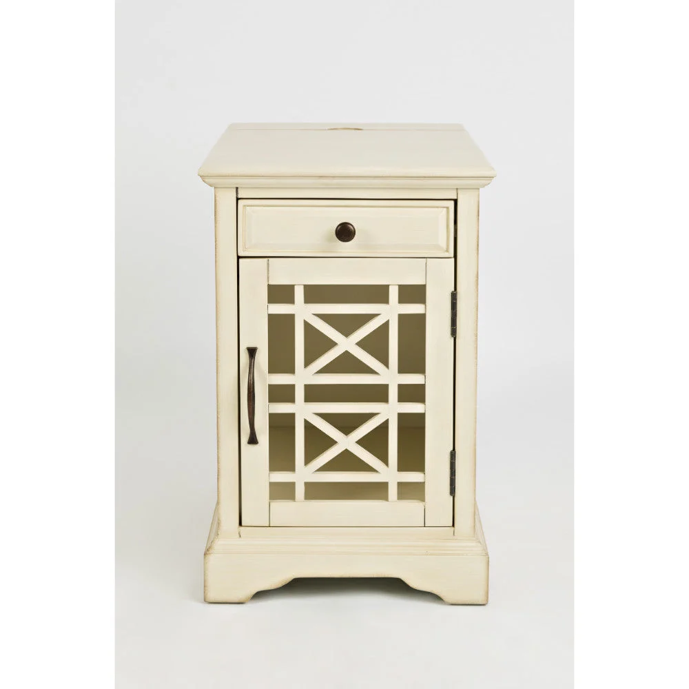 Benzara Wooden Chairside Table with Power Outlets, Antique Cream