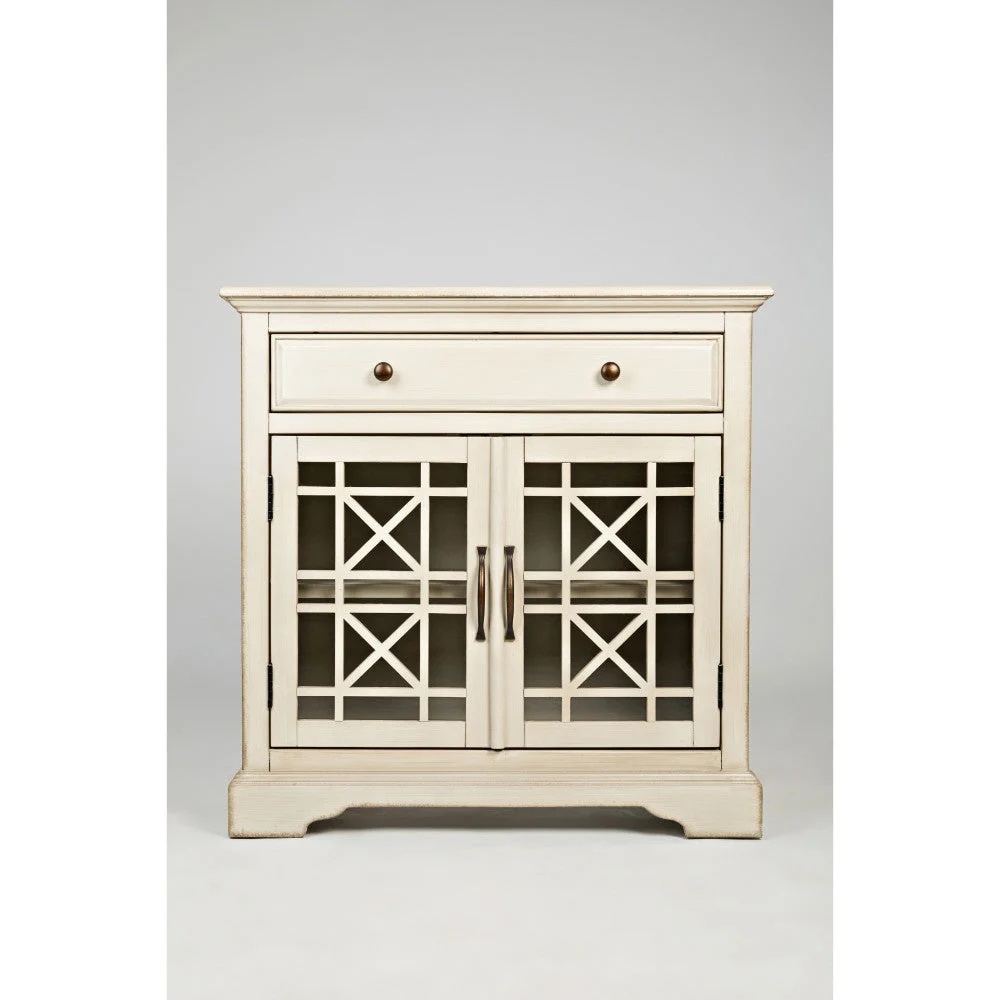 Benzara Craftsman Series 32 Inch Wooden Accent Cabinet with Fretwork Glass Front, Cream