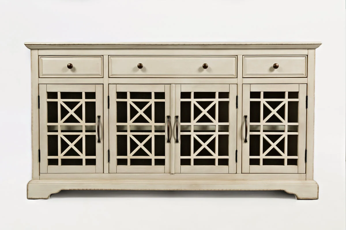 Benzara Craftsman Series Wooden Media Unit With Fretwork Glass Door Cabinet, Antique Cream