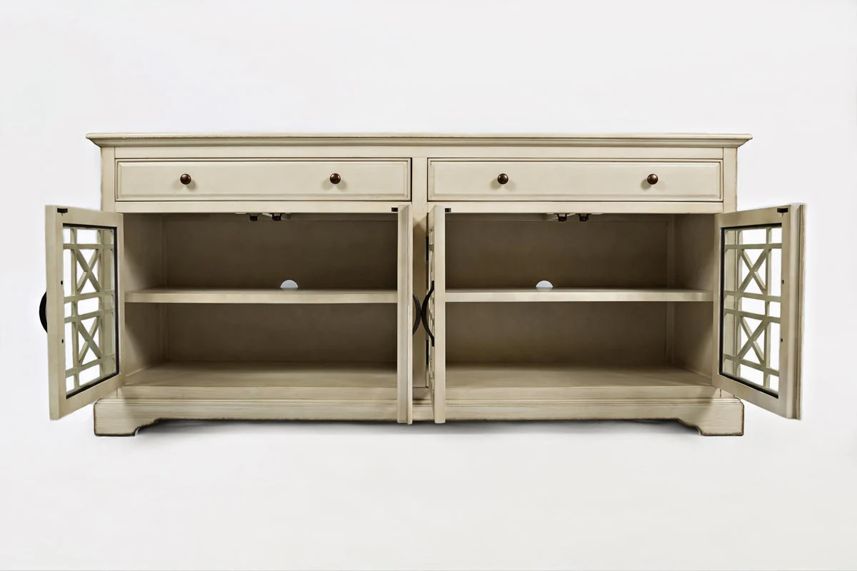 Benzara Craftsmen Series 70 Inch Media Unit with Fretwork Glass Front, Antique Cream