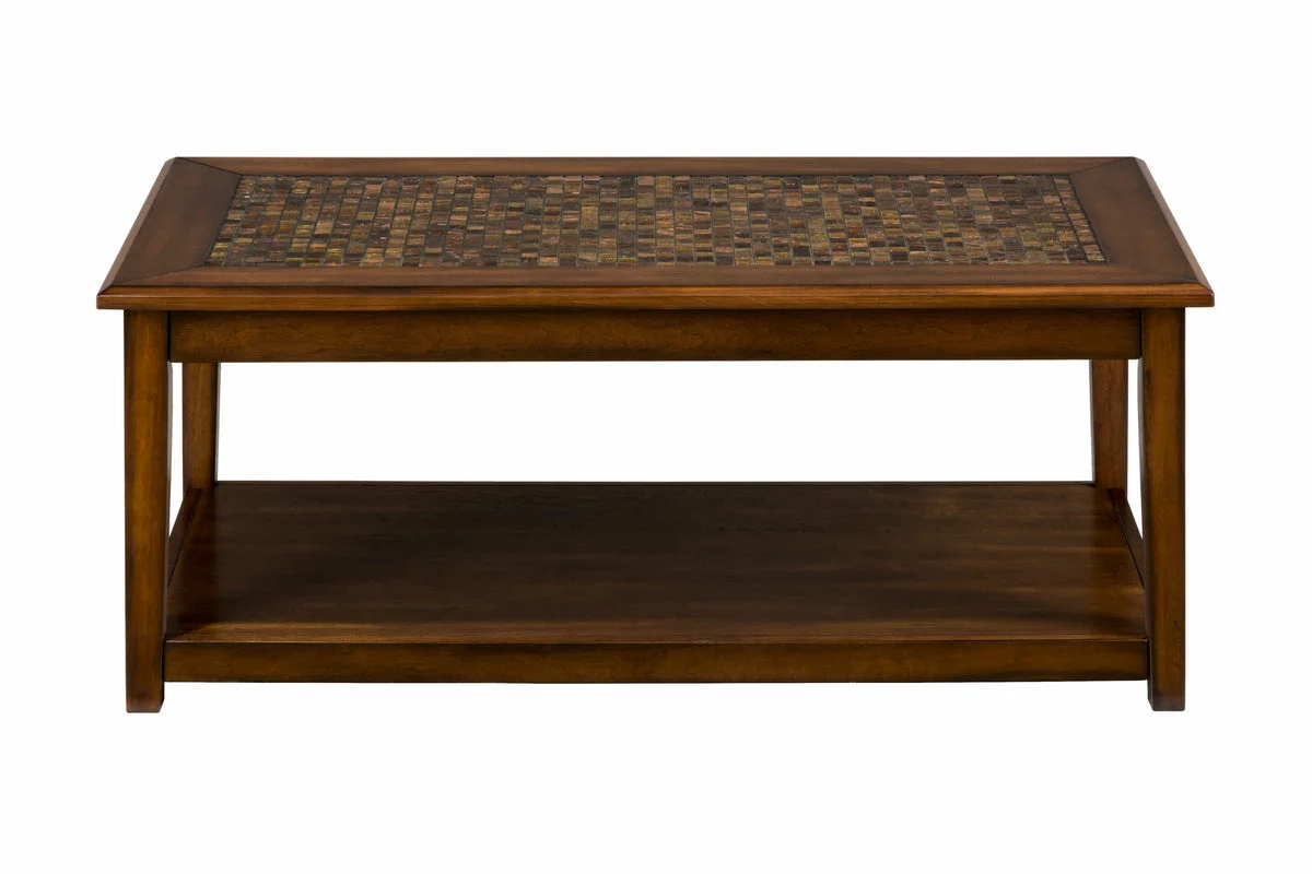 Benzara Mosaic Tile Inlay Wooden Cocktail Table with Bottom Shelf, Baroque Brown