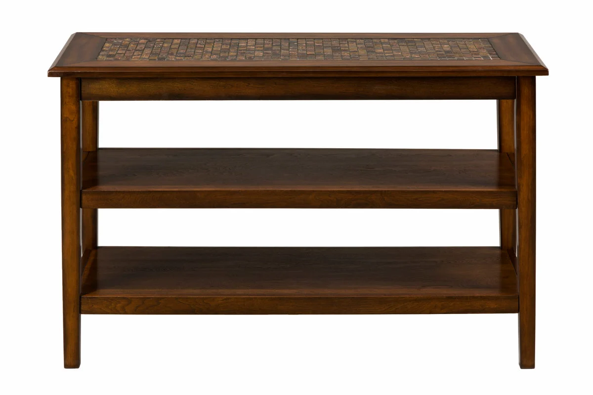 Benzara Mosaic Tile Inlay Wooden Sofa/Media Table with 2 Shelves, Baroque Brown