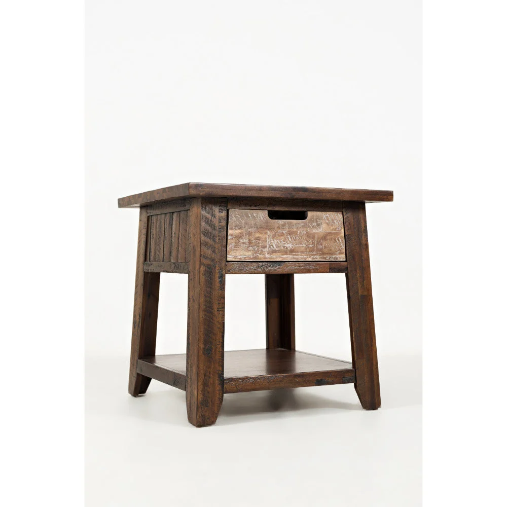 Benzara Bottom Shelf Wooden End Table With Cut Out Handle Drawer, Brown