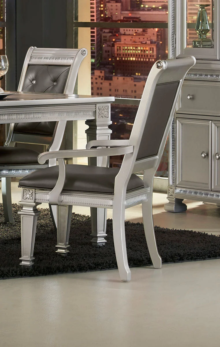Benzara Faux Leather Upholstered Arm Chair, Gray and Silver, Set of 2