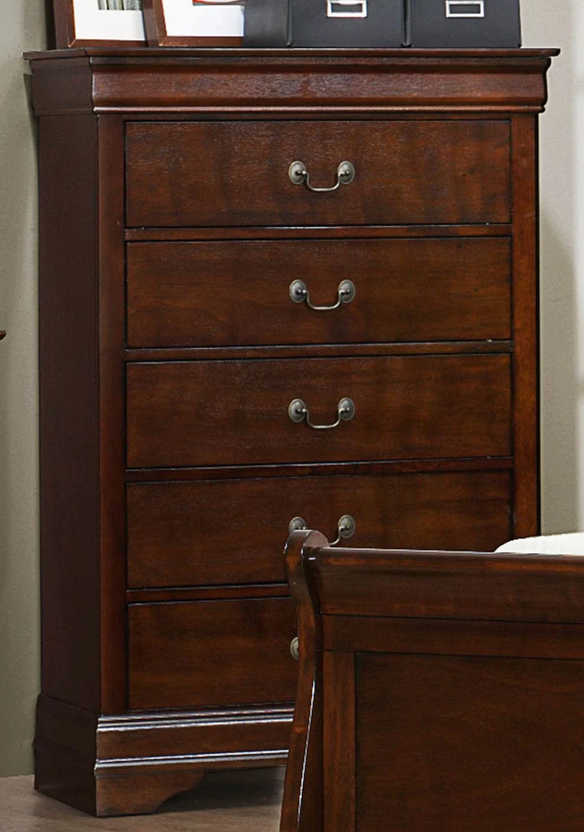 Benzara 5 Drawer Wooden Chest With Metal Hardware, Cherry Brown