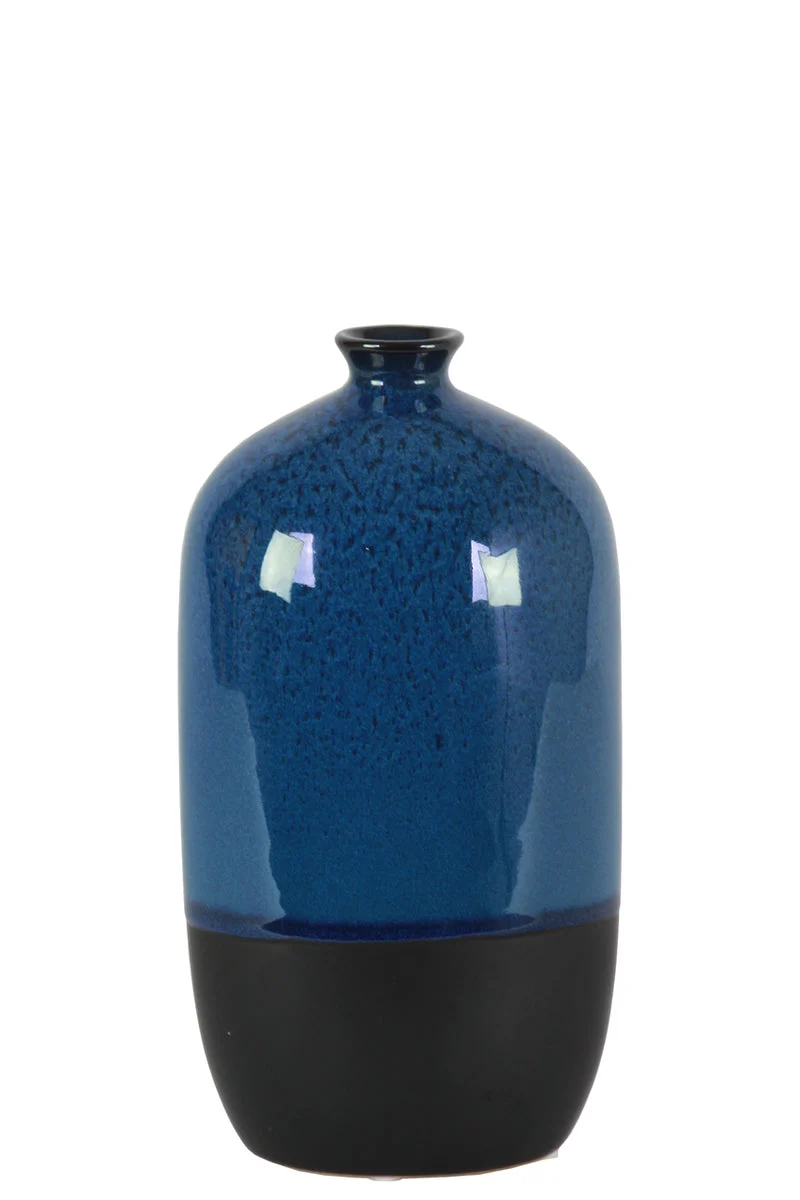 Benzara Stoneware Bottle Vase With Black Banded Rim Bottom, Small, Glossy Blue