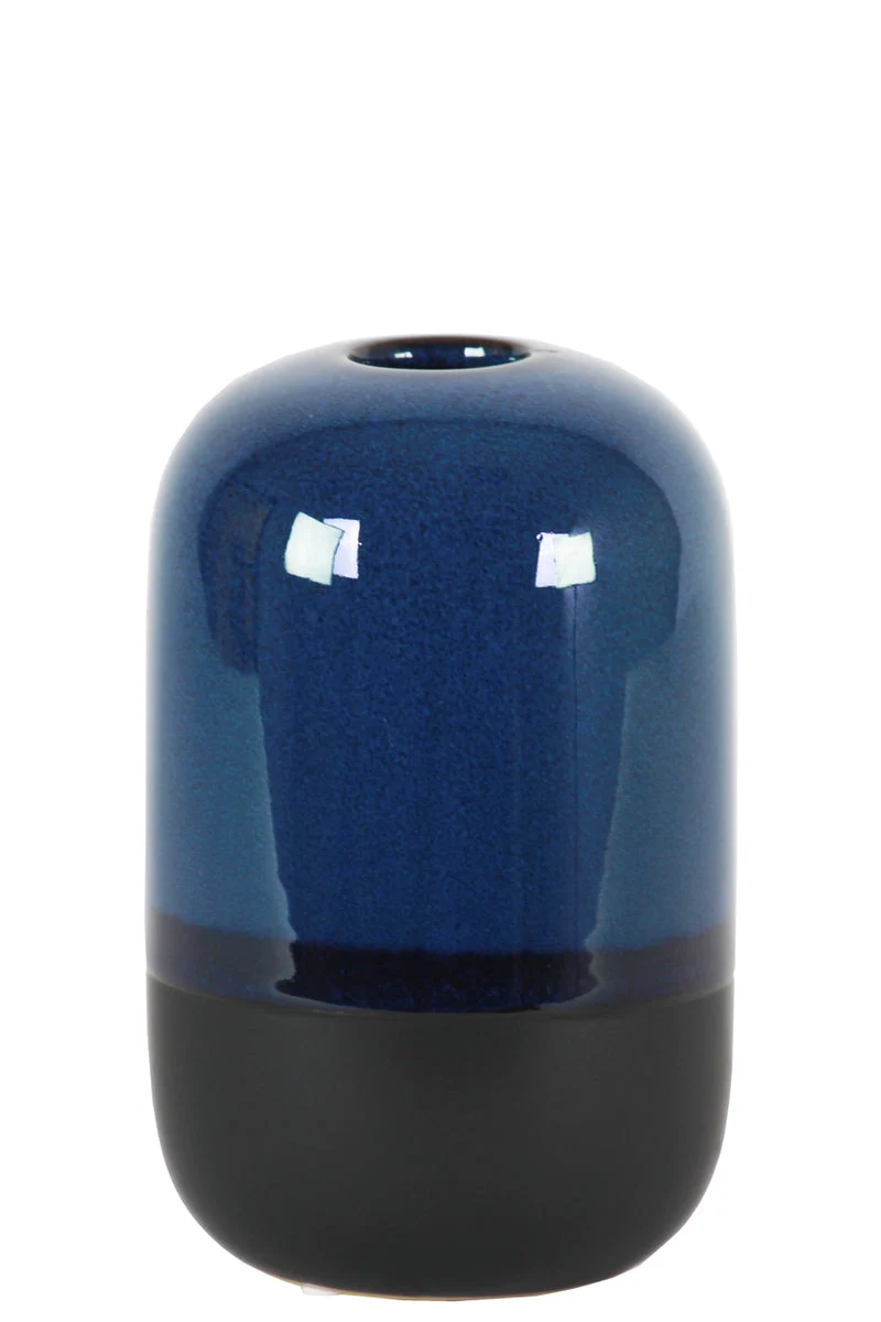 Benzara Cylindrical Stoneware Vase With Black Banded Rim Bottom, Small, Glossy Blue