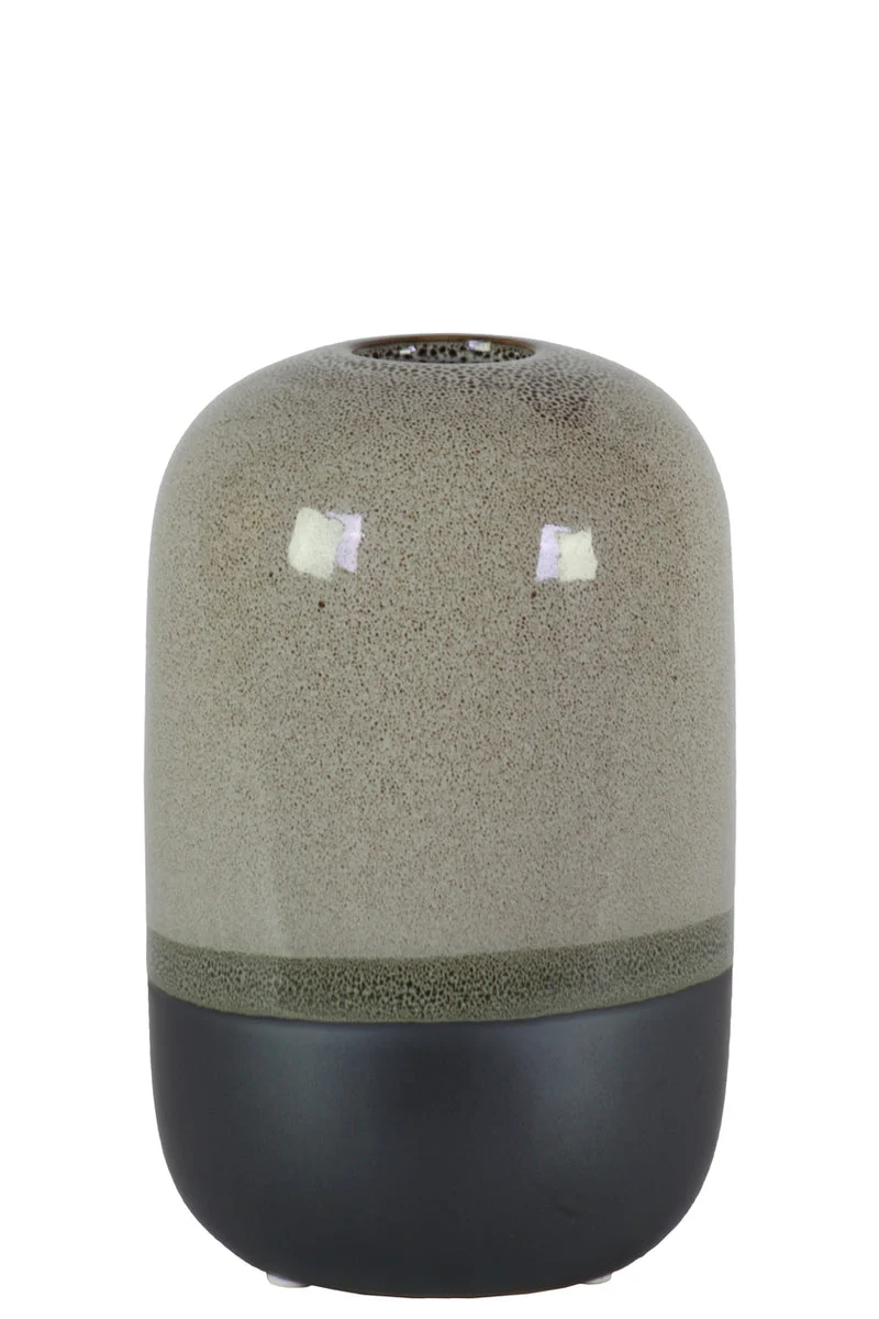 Benzara Cylindrical Stoneware Vase With Black Banded Rim Bottom, Small, Glossy Gray