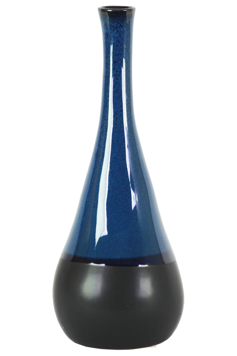 Benzara Bellied Stoneware Vase With Black Banded Rim, Large, Glossy Blue