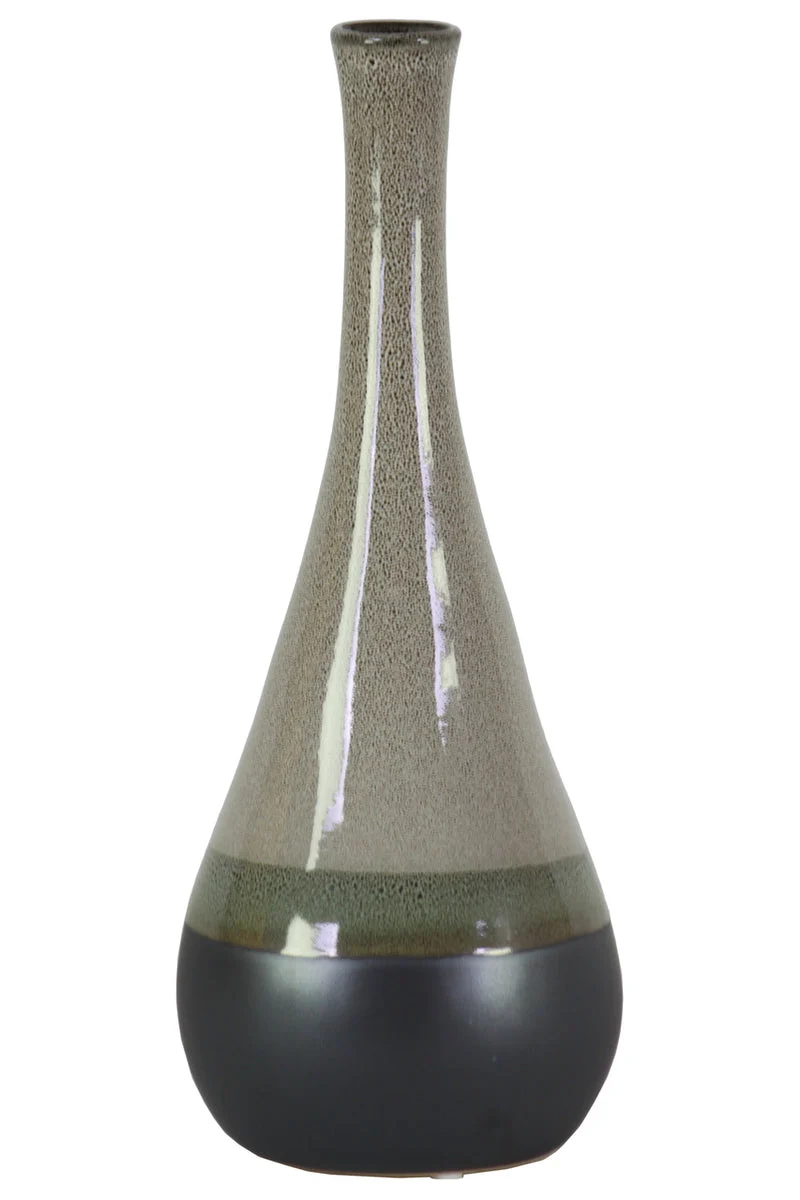 Benzara Bellied Stoneware Vase With Black Banded Rim, Large, Glossy Gray