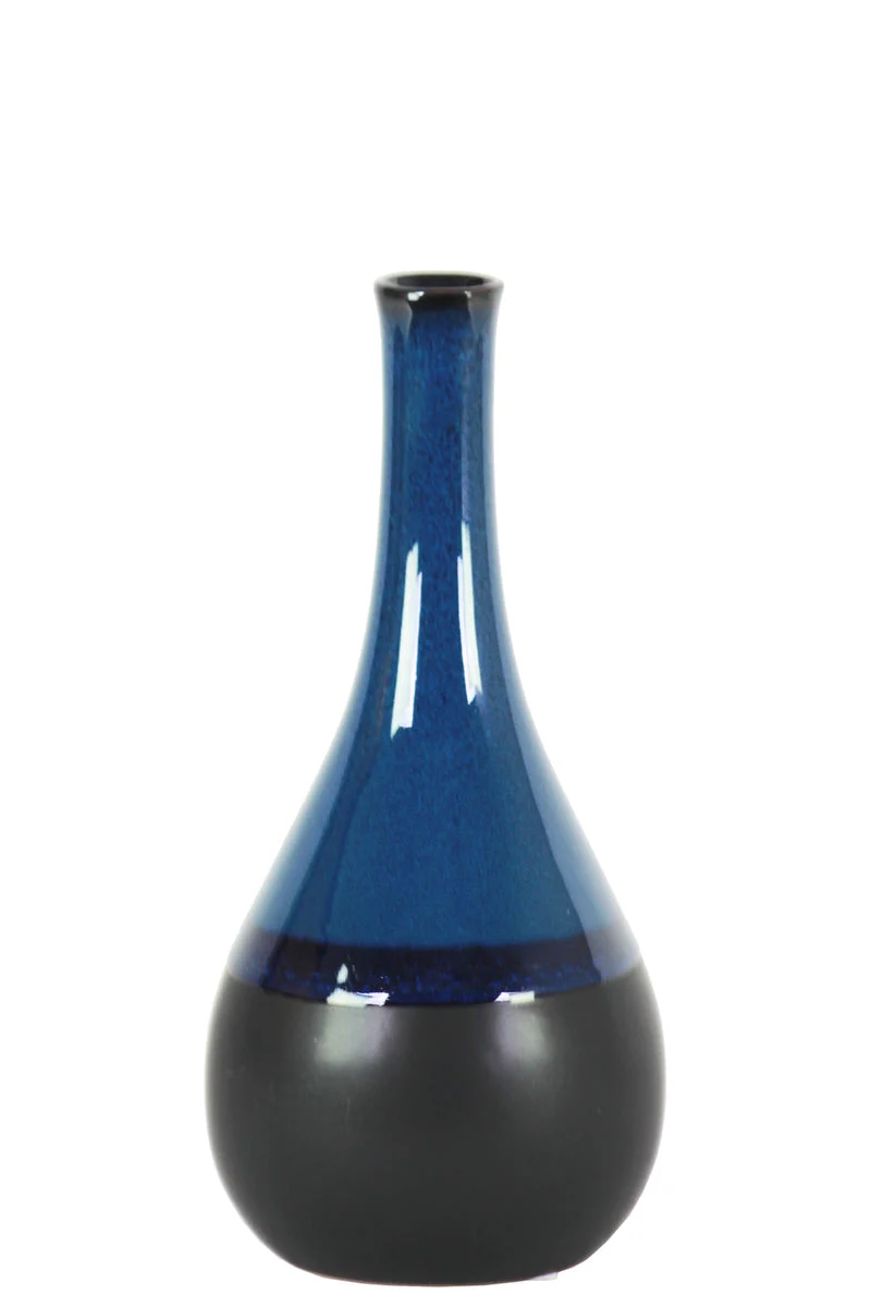 Benzara Bellied Stoneware Vase With Black Banded Rim, Small, Glossy Blue