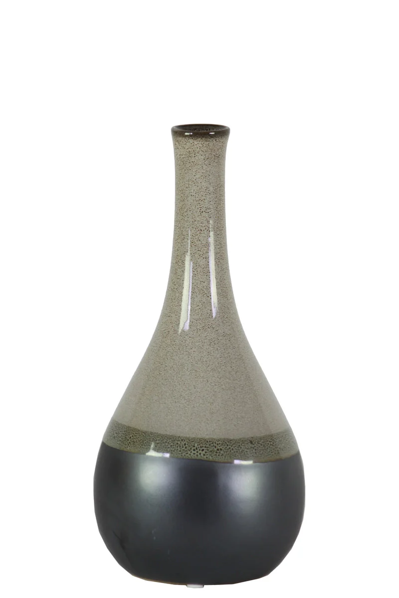 Benzara Bellied Stoneware Vase With Black Banded Rim, Small, Glossy Gray