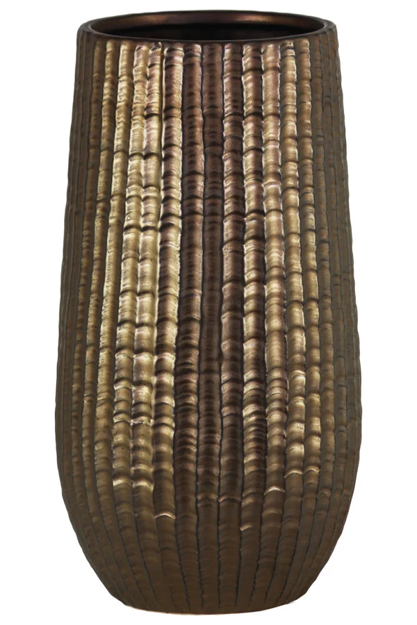 Benzara Cylindrical Stoneware Vase With Engraved Zigzag Design, Large, Bronze