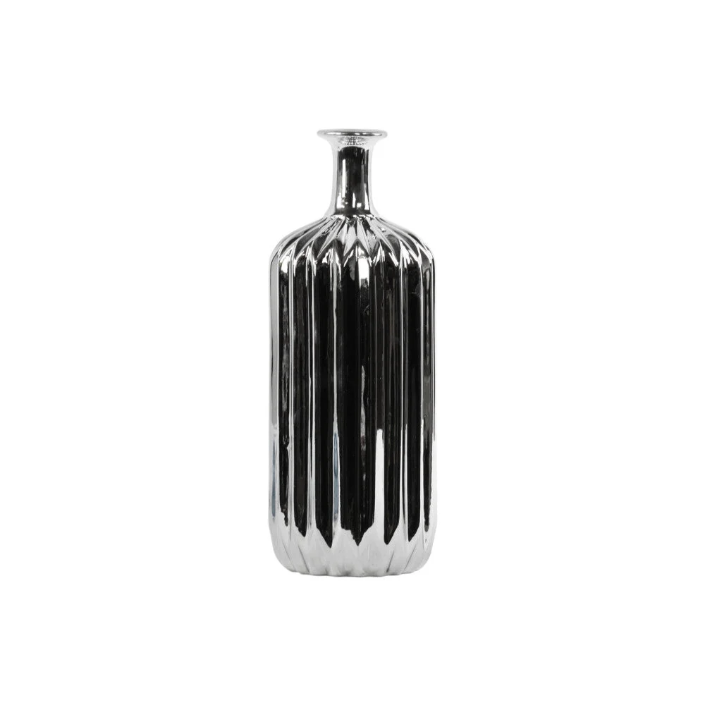 Benzara Ceramic Bottle Vase With Corrugated Belly, Silver