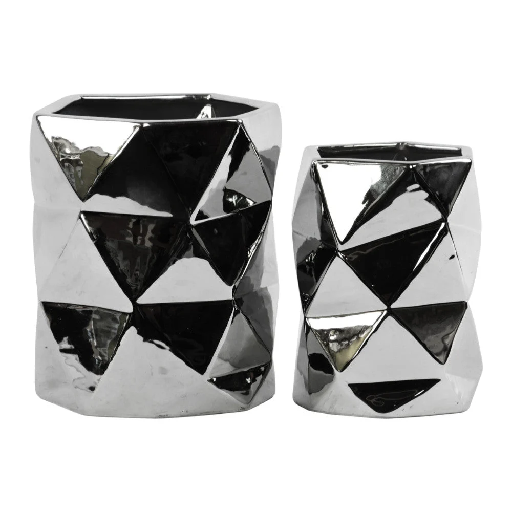 Benzara Hexagonal Ceramic Vase With Geometric Pattern, Set Of 2, Silver