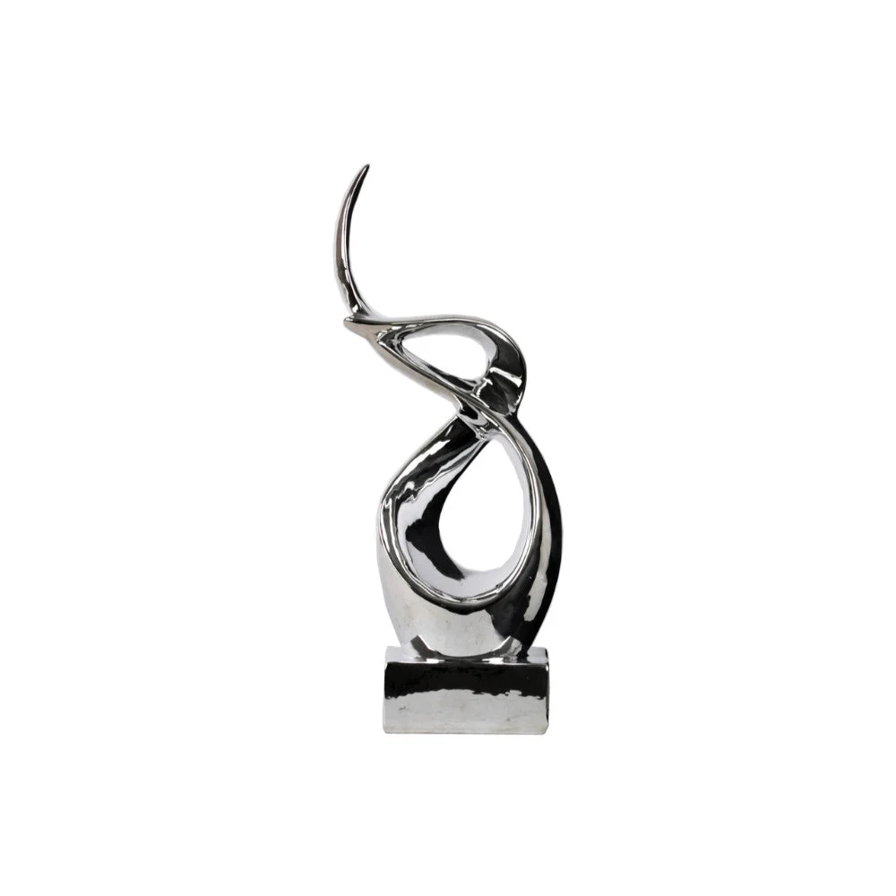 Benzara Swirl Abstract Ceramic Sculpture Mounted On Base, Large, Silver