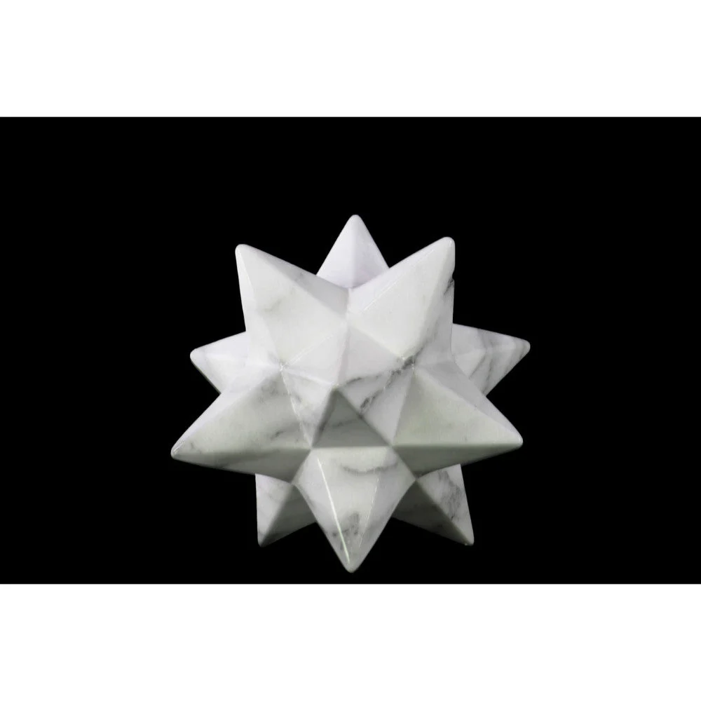 Benzara Marbleized 12 Point Stellated Sculpture In Ceramic, Small, White