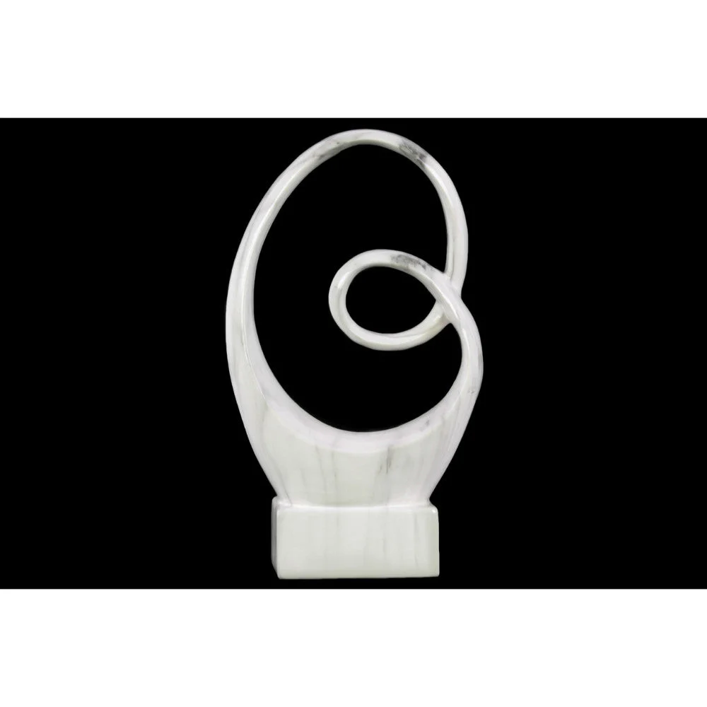 Benzara Abstract Ceramic Sculpture With Marbleized Streaks On Base, White