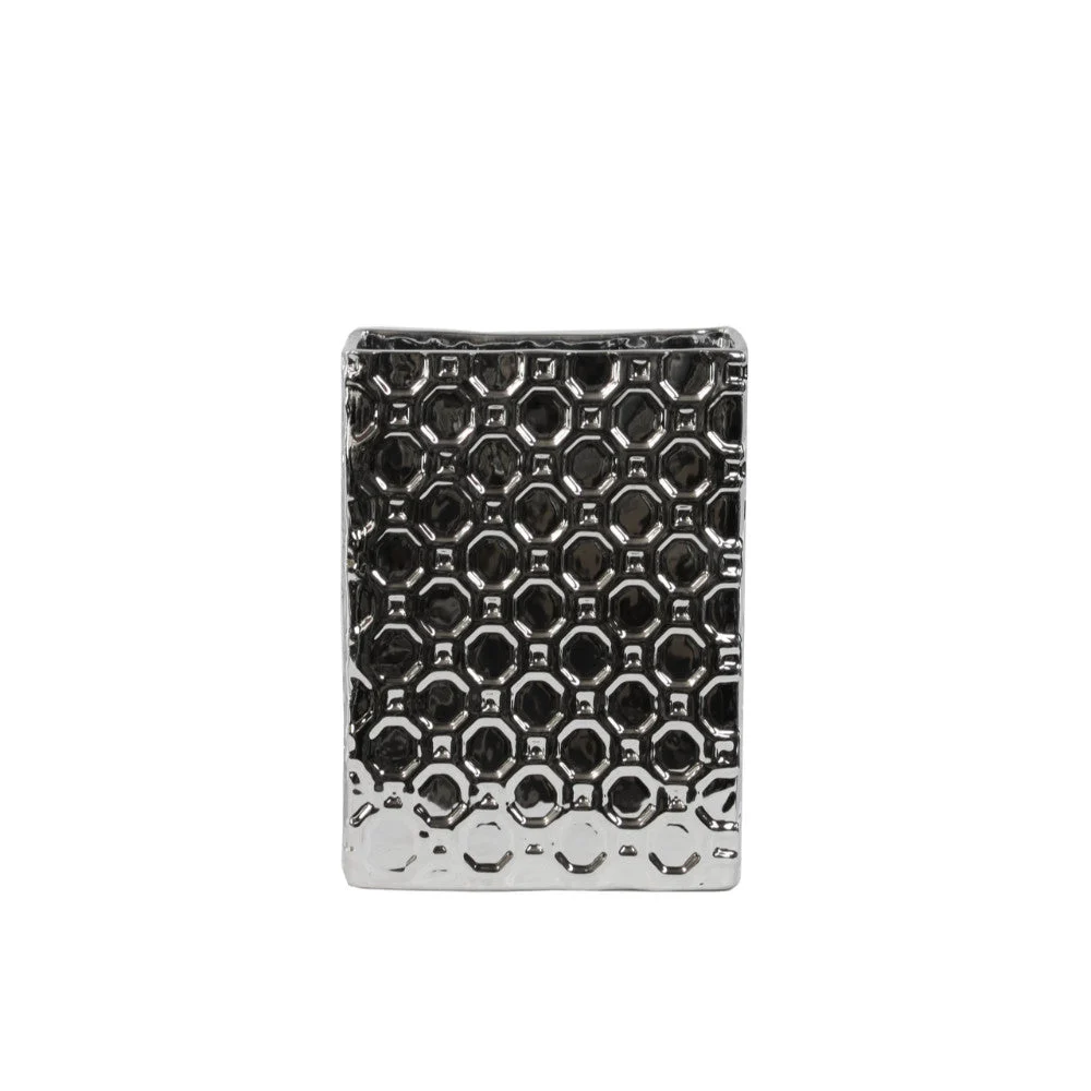 Benzara Rectangular Porcelain Vase In Octagonal Pattern, Small, Silver